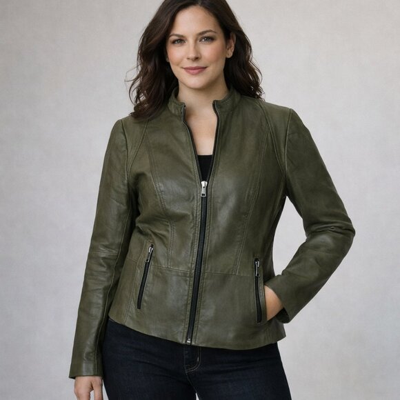 Marc New York Jackets & Blazers - Marc New York Olive Leather Moto Jacket Zip Banded Collar Medium